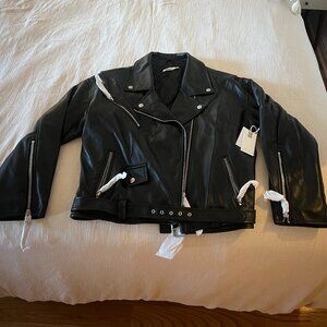 Good American Vegan Leather Boyfriend Moto Jacket - Black, Size S/M